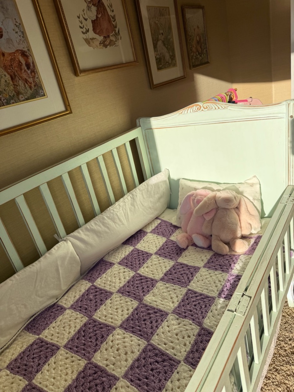 Crochet Baby Blanket Purple White Granny Square Handmade Crib Throw